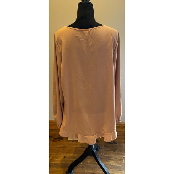 Shein Blouse Plus Size XL Tan Faux Wrap Style w/ Ruffle Hi Low Hem Travel Top - Picture 5 of 9